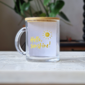 Glass Mug with Bamboo Lid – “Hello, Sunshine”